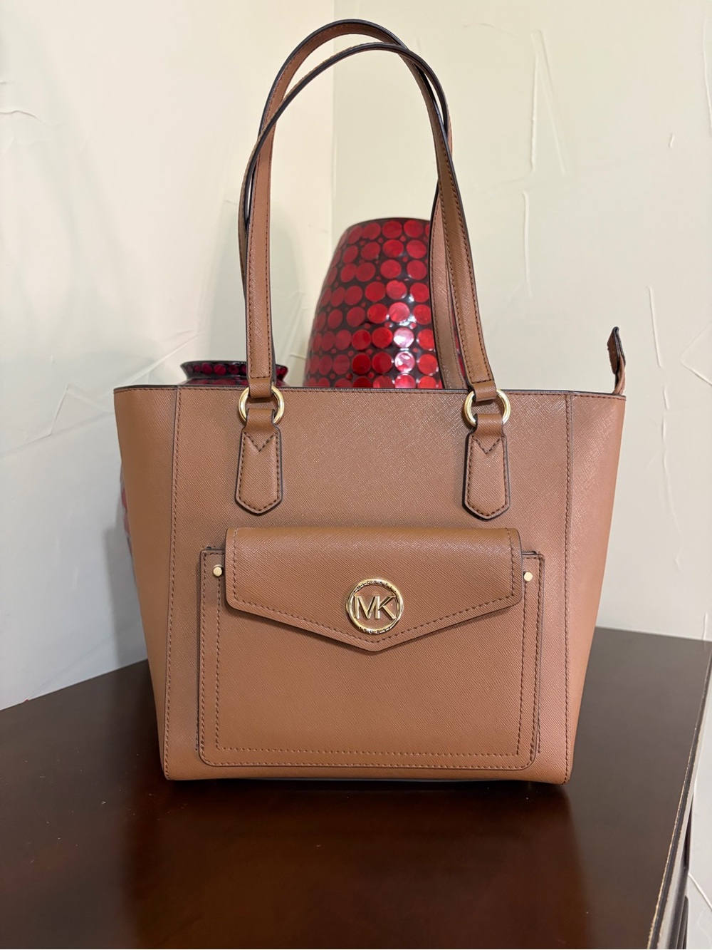 Michael Kors Light Brown Joey Saffiano Leather Medium Pocket Tote - Picture 1 of 17